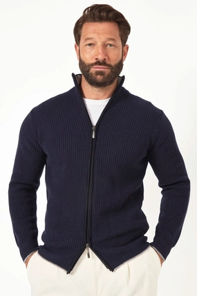 Quiet Tone Sweat Wicking Lining Blue ribbed cashmere blend full zip ?C Made in Italy