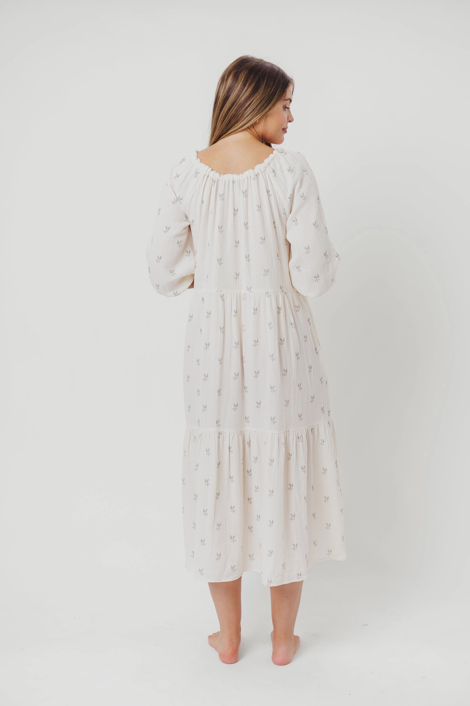 Avery Tiered Linen-Blend Midi Dress in Soy/Sage Foliage - Bump Friendly and Inclusive Sizing *Final-Sale* UV-Resistant Flexible Mood