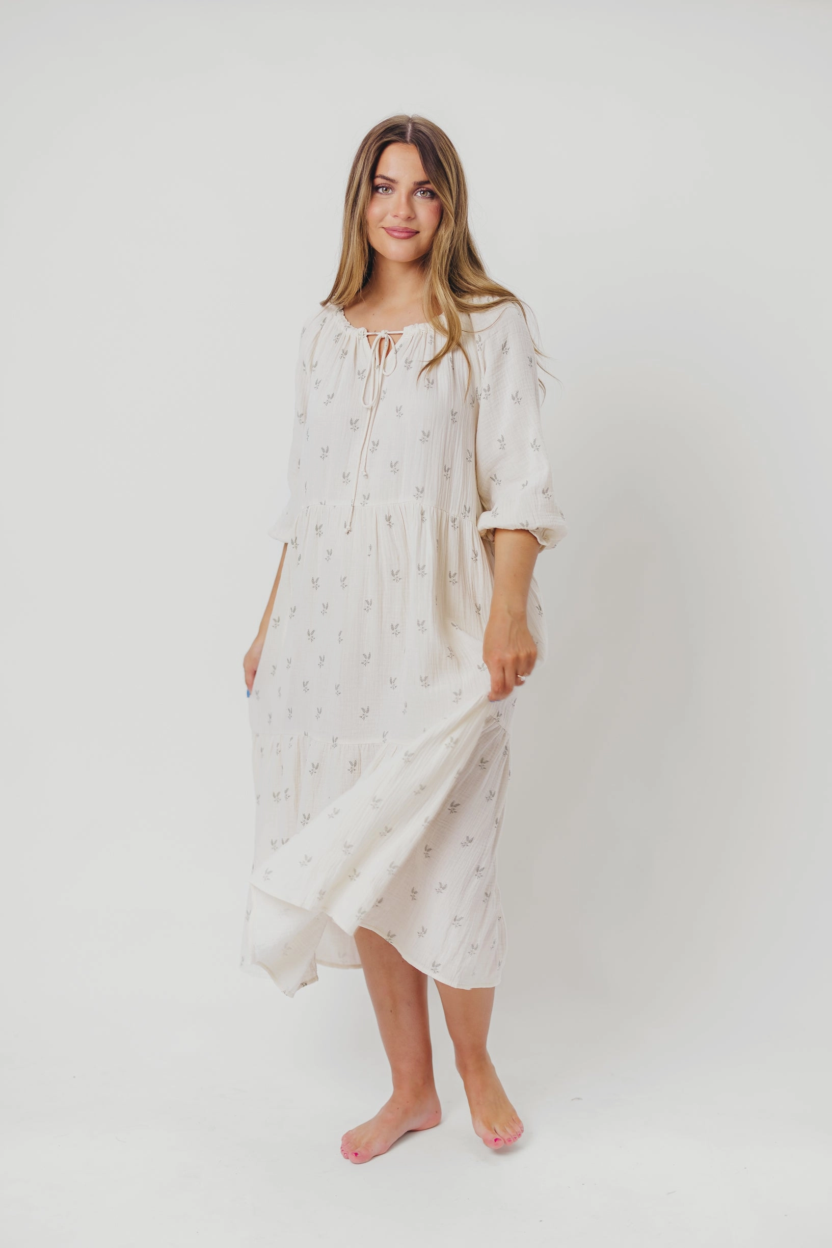 Removable-Straps Avery Tiered Linen-Blend Midi Dress in Soy/Sage Foliage - Bump Friendly and Inclusive Sizing *Final-Sale*