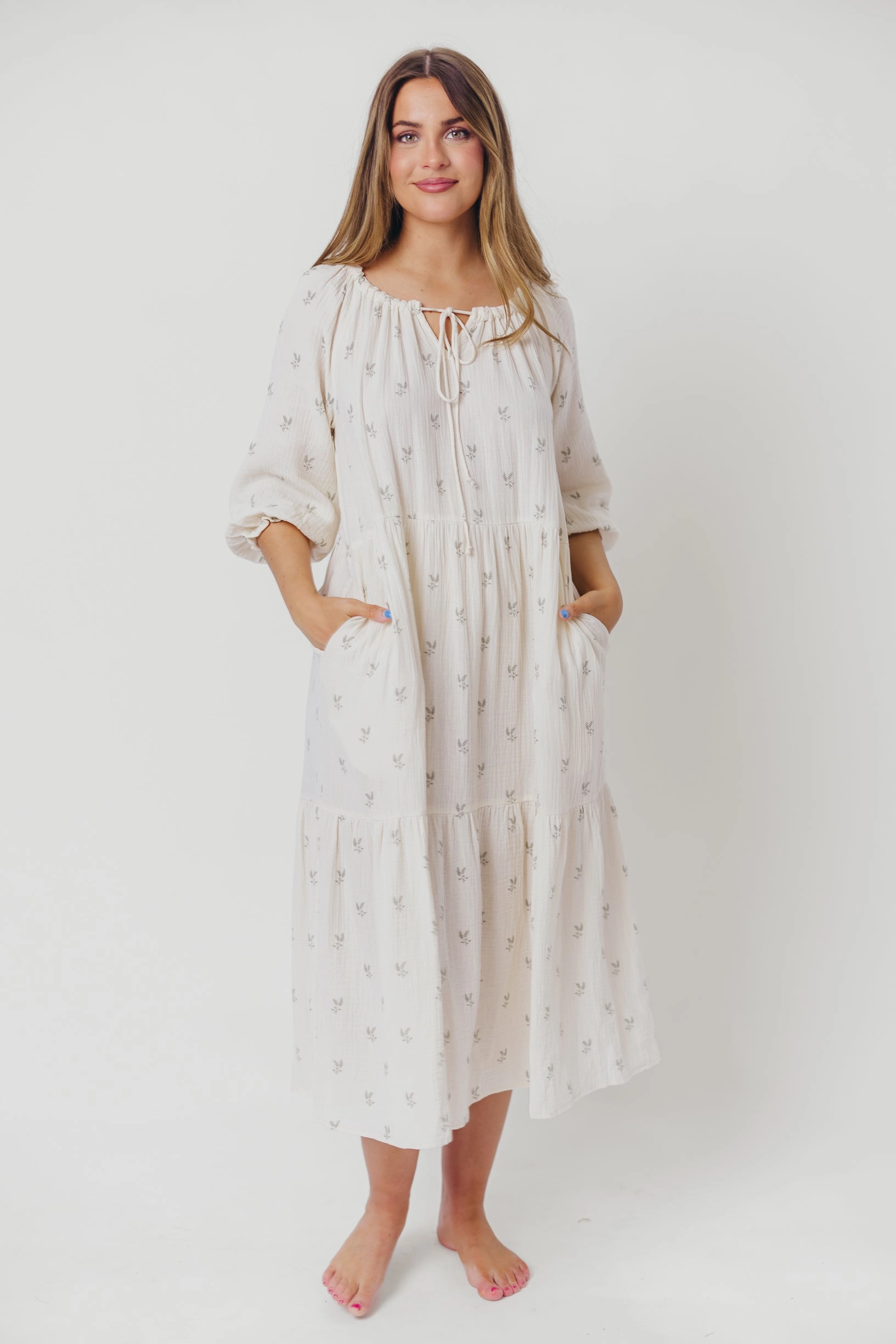 Avery Tiered Linen-Blend Midi Dress in Soy/Sage Foliage - Bump Friendly and Inclusive Sizing *Final-Sale* Gentle Glow Warm-Layer