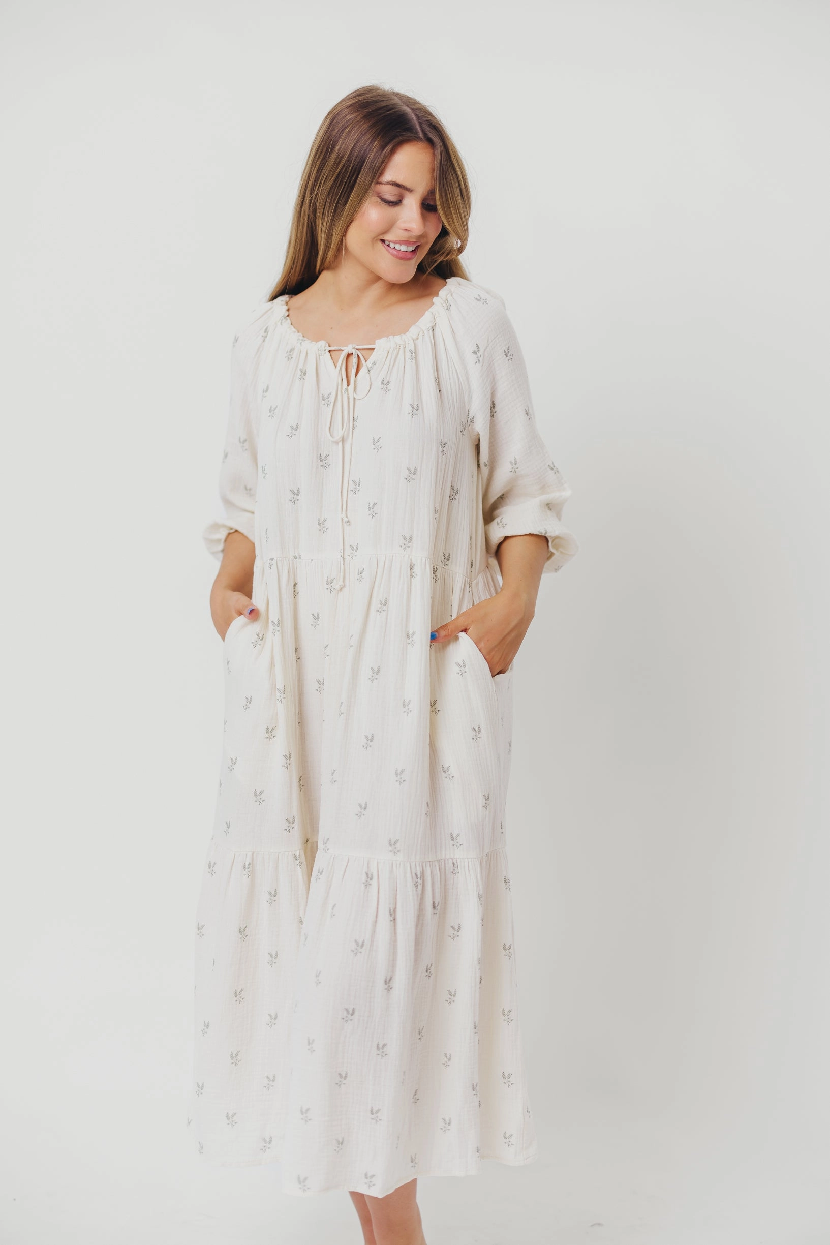 Avery Tiered Linen-Blend Midi Dress in Soy/Sage Foliage - Bump Friendly and Inclusive Sizing *Final-Sale* Delicate Mood Zip-Closure