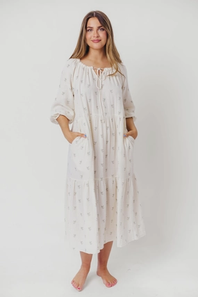 Avery Tiered Linen-Blend Midi Dress in Soy/Sage Foliage - Bump Friendly and Inclusive Sizing *Final-Sale* Gentle Glow Warm-Layer