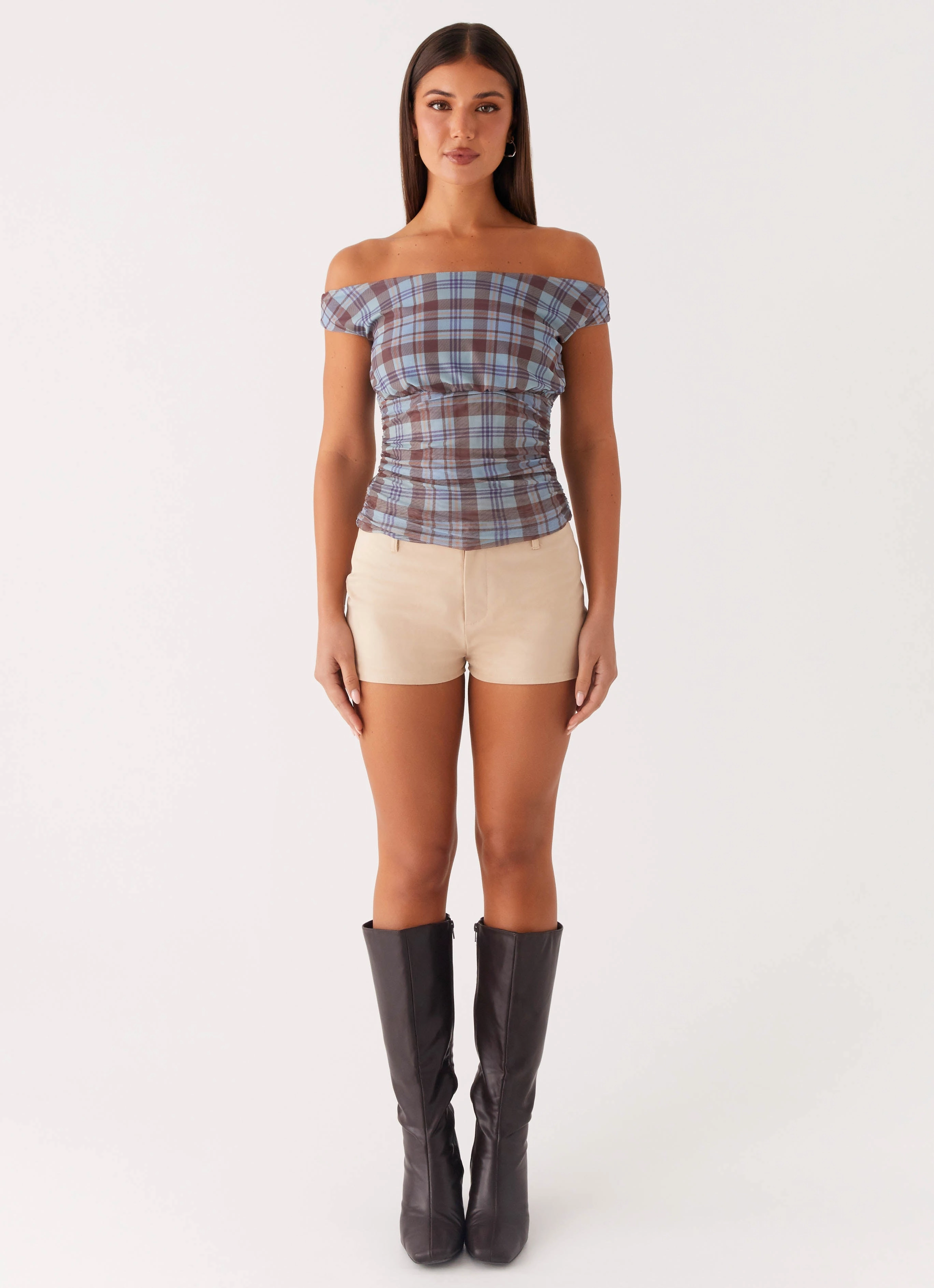 Zahli Off Shoulder Top - Shoreline Check Comfortable Foldable Design