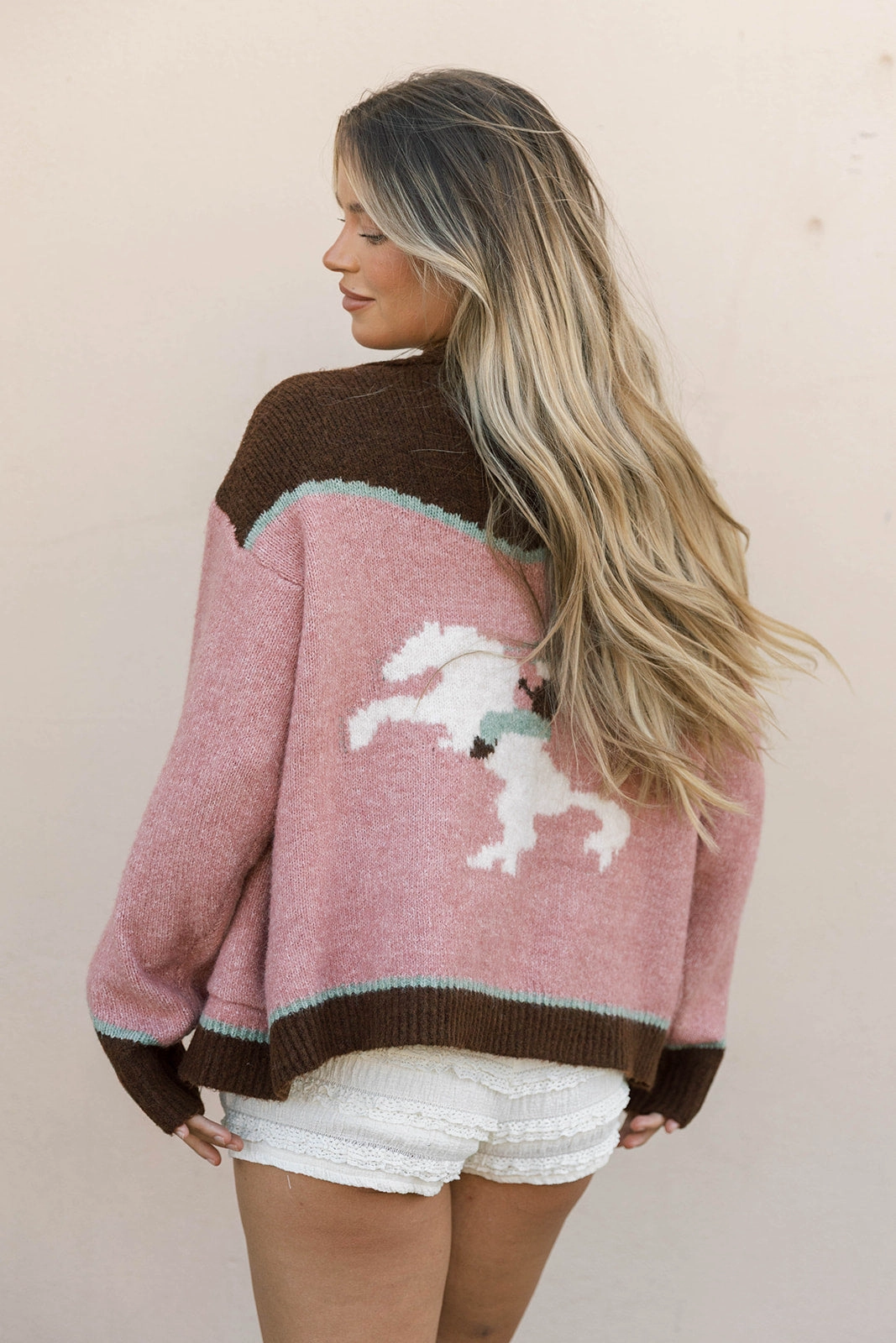 Charmayne Rodeo Cowboy Knit Sweater in Dusty Pink High Twist Yarn Structure