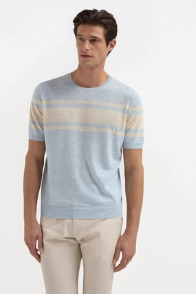 ShrinkageResistant Weave Polished Edge Light blue striped linen t-shirt - Made in Italy