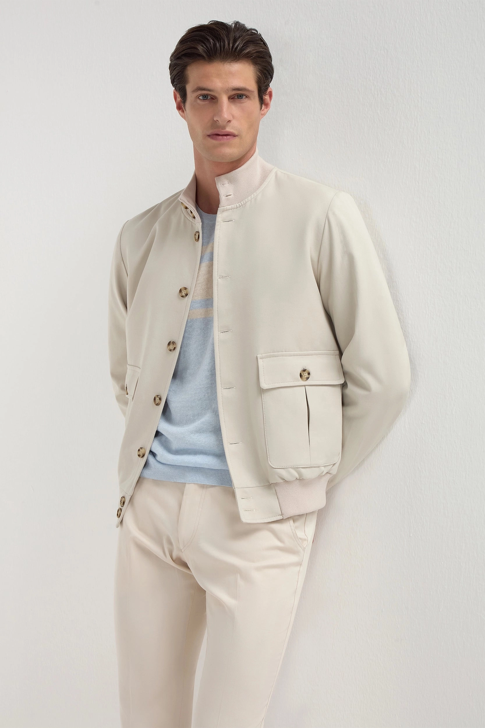 Light blue striped linen t-shirt - Made in Italy Travel Light FourWay Stretch Fabric