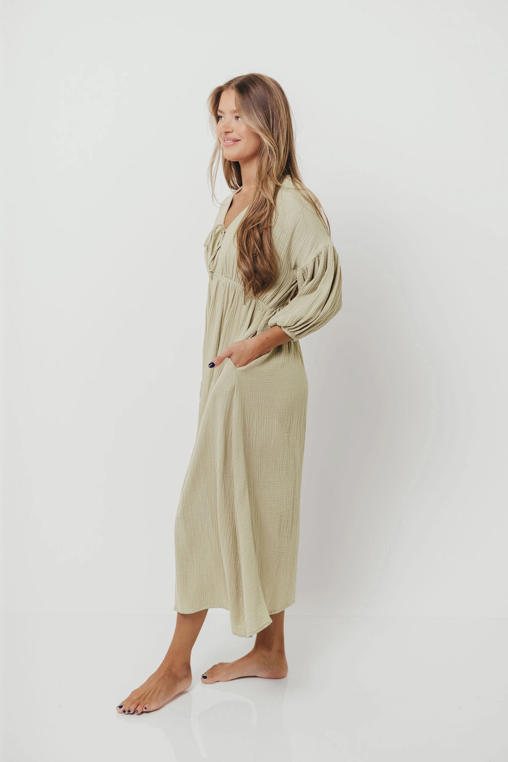 Hunter 100% Cotton Gauze Midi Dress in Thyme - Bump Friendly and Inclusive Sizing *9/22 PRE-ORDER* Warm Season Light Elegance
