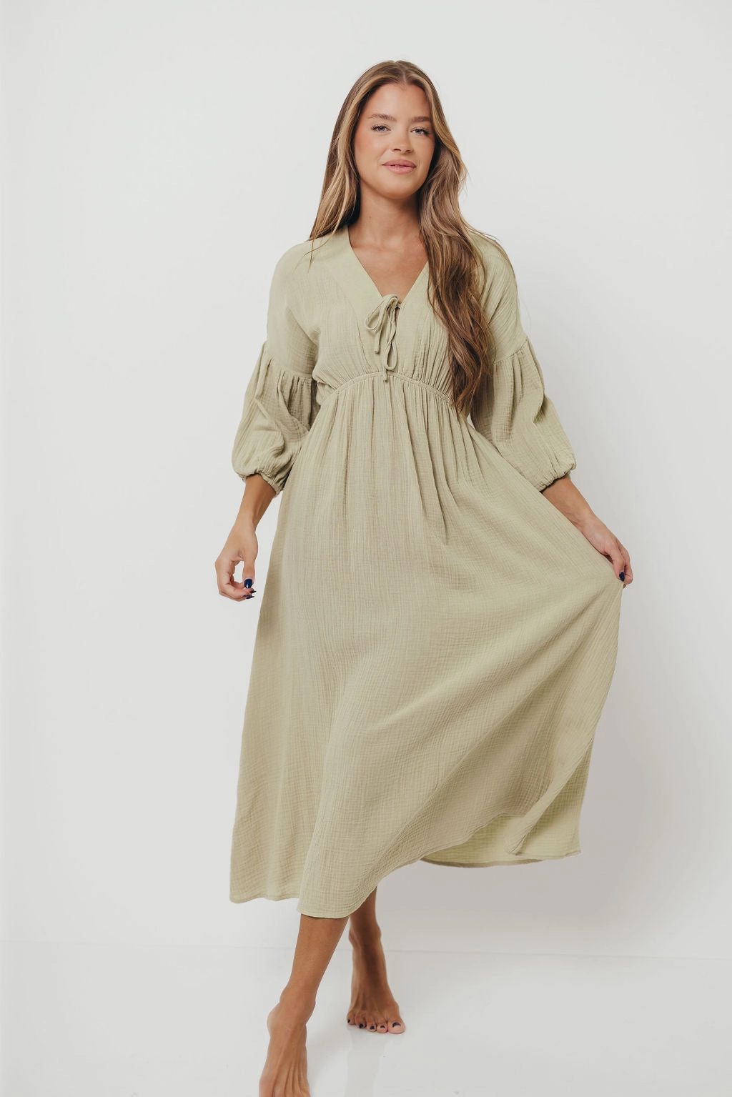 Flattering Waist Design Hunter 100% Cotton Gauze Midi Dress in Thyme - Bump Friendly and Inclusive Sizing *9/22 PRE-ORDER*