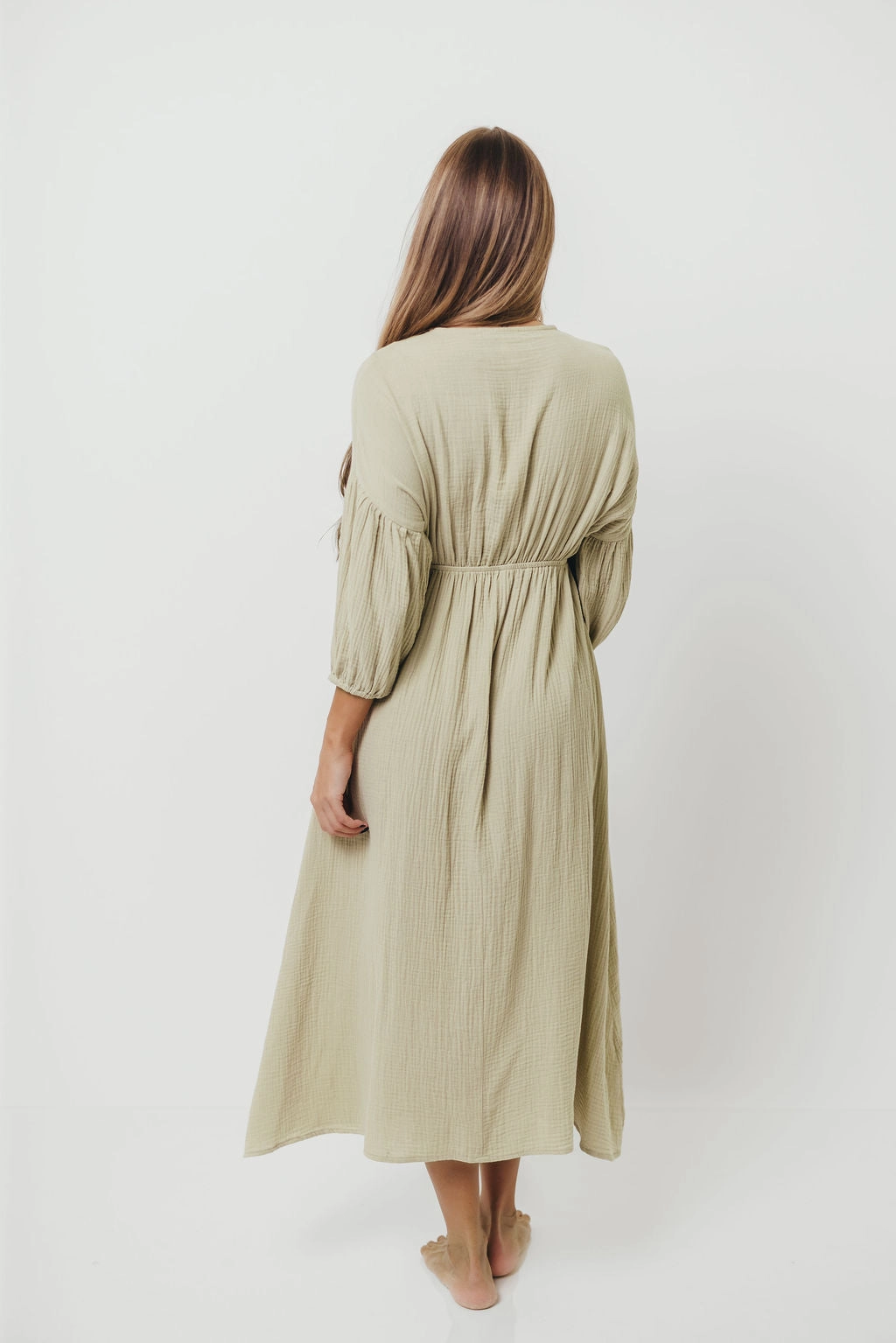 Hunter 100% Cotton Gauze Midi Dress in Thyme - Bump Friendly and Inclusive Sizing *9/22 PRE-ORDER* Influencer-Style