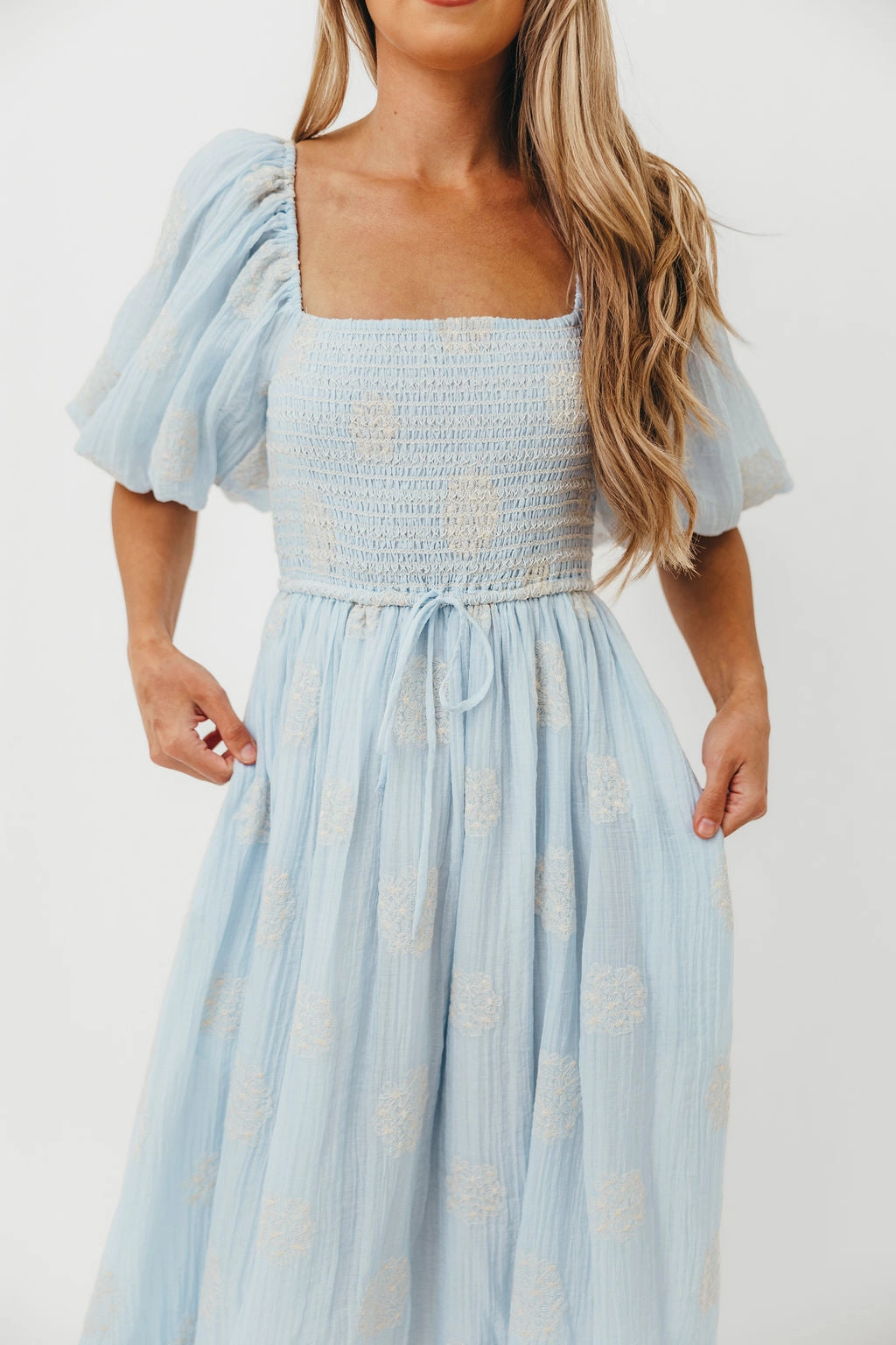 Aimee Smocked Embroidered Floral Midi Dress in Blue Chic Layers Slit Detail