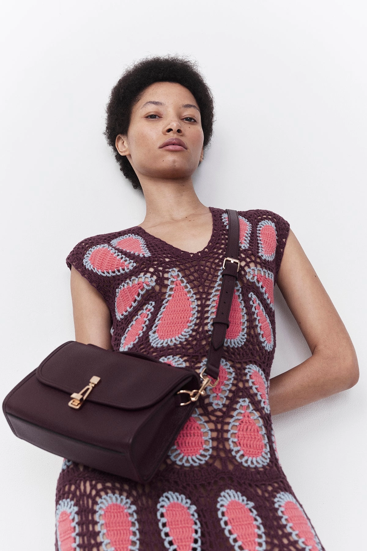 No Effort Waldman Crochet Maxi Dress in Italian Plum Wool Cashmere