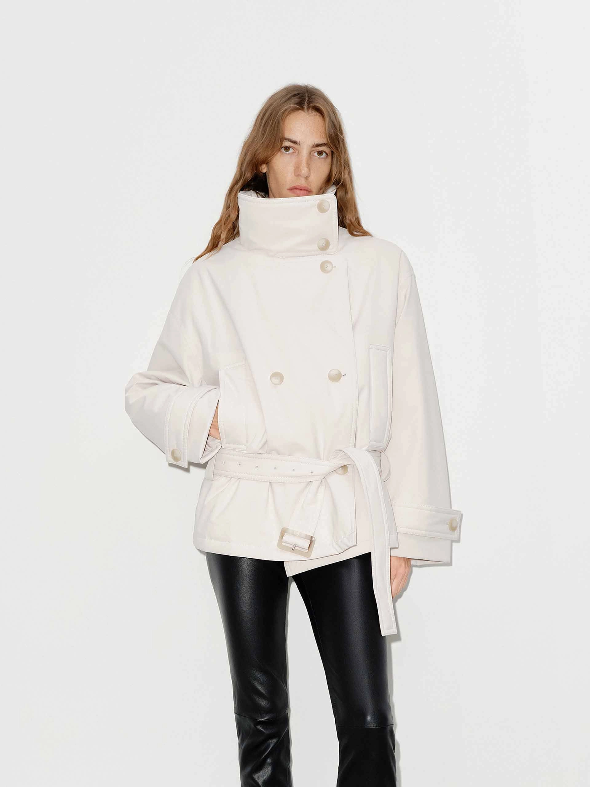 Belted Midi Length Down Jacket Reinforced Shoulder Panels