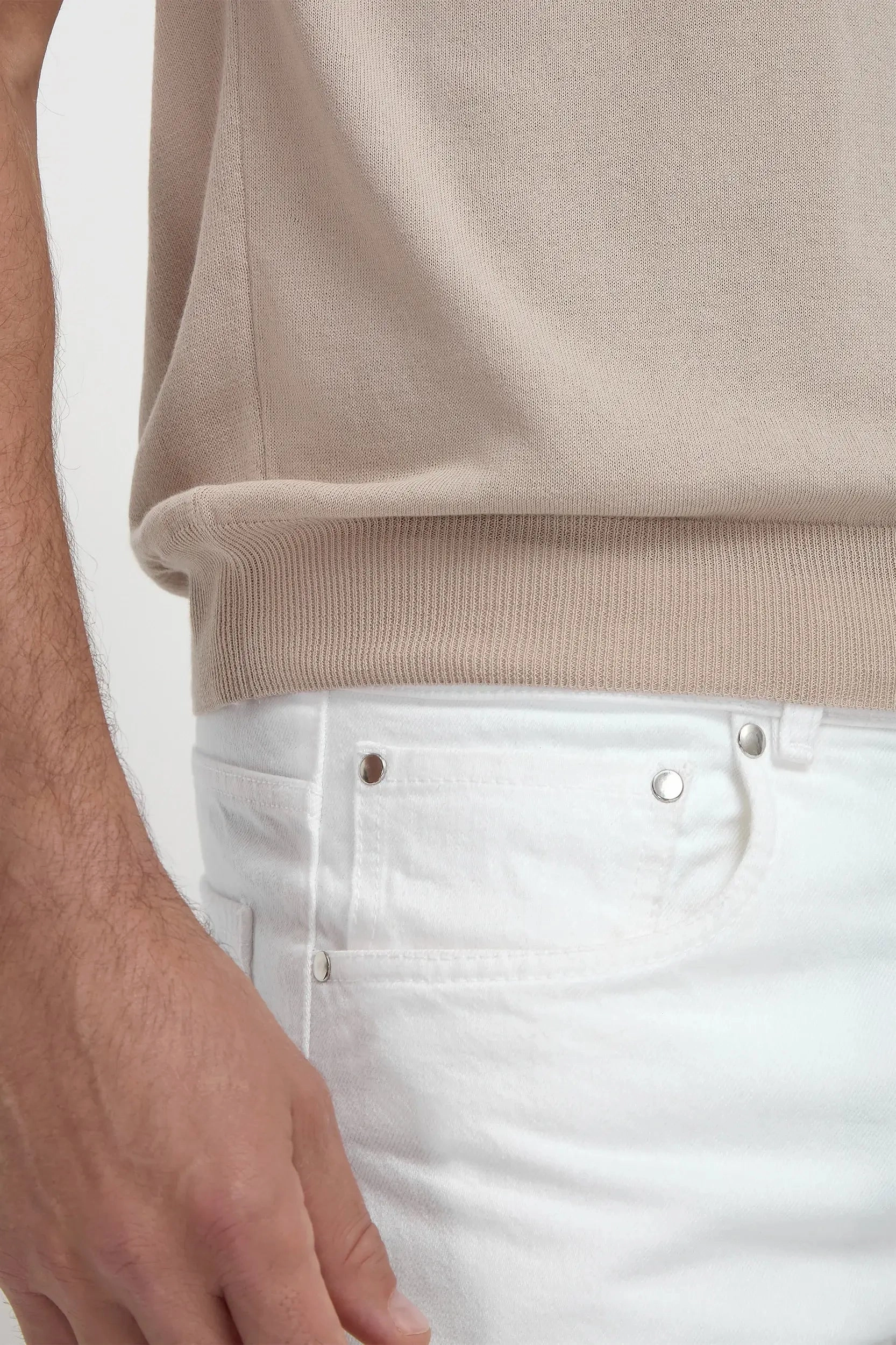 Beige striped collar detail knitted t-shirt - Made in Italy Soft Stretch