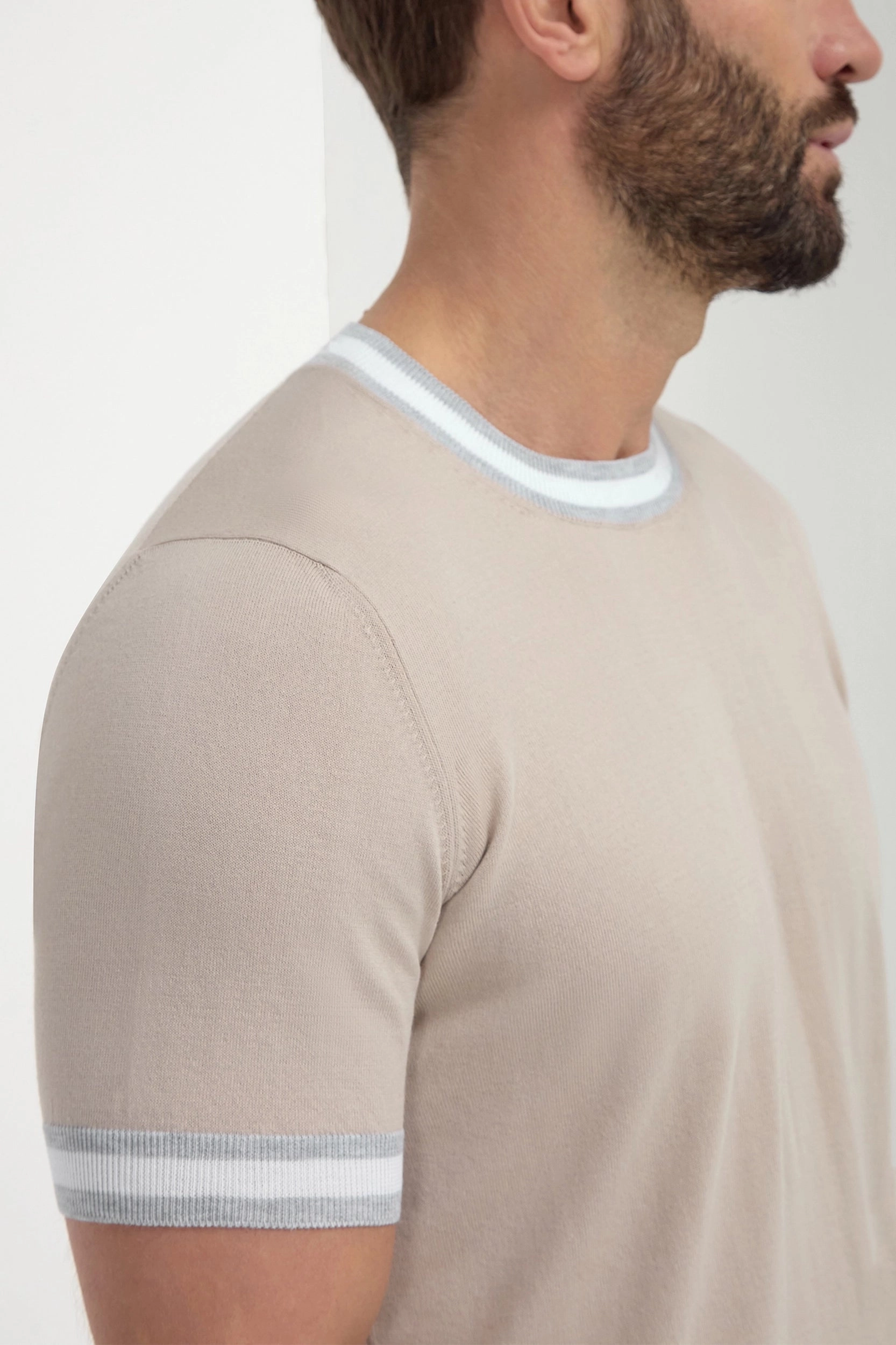 Beige striped collar detail knitted t-shirt - Made in Italy Everyday Neutral