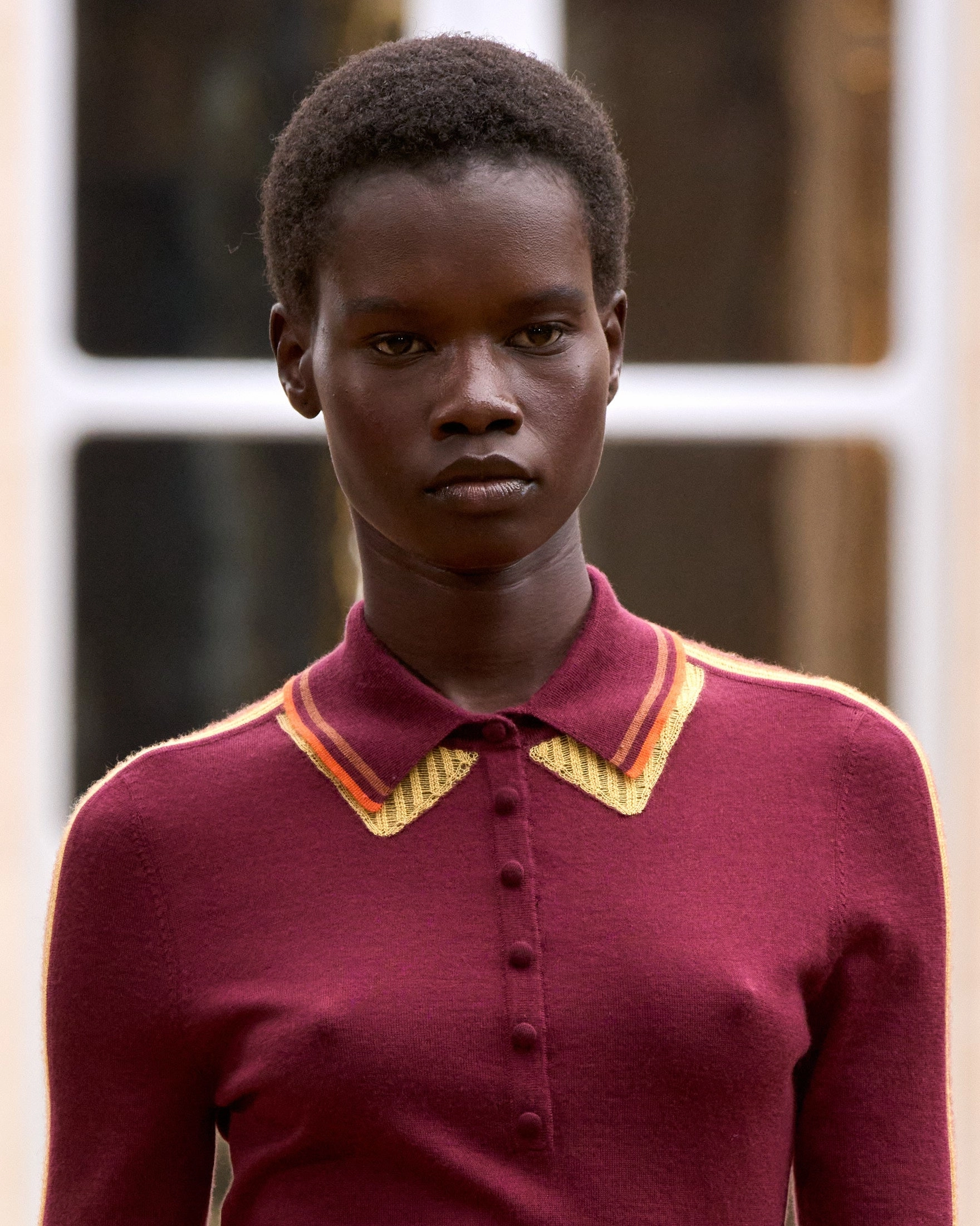 Wendelyn Knit Short Sleeve Polo in Merlot Multi Cashmere Silk Brushed Inner Lining