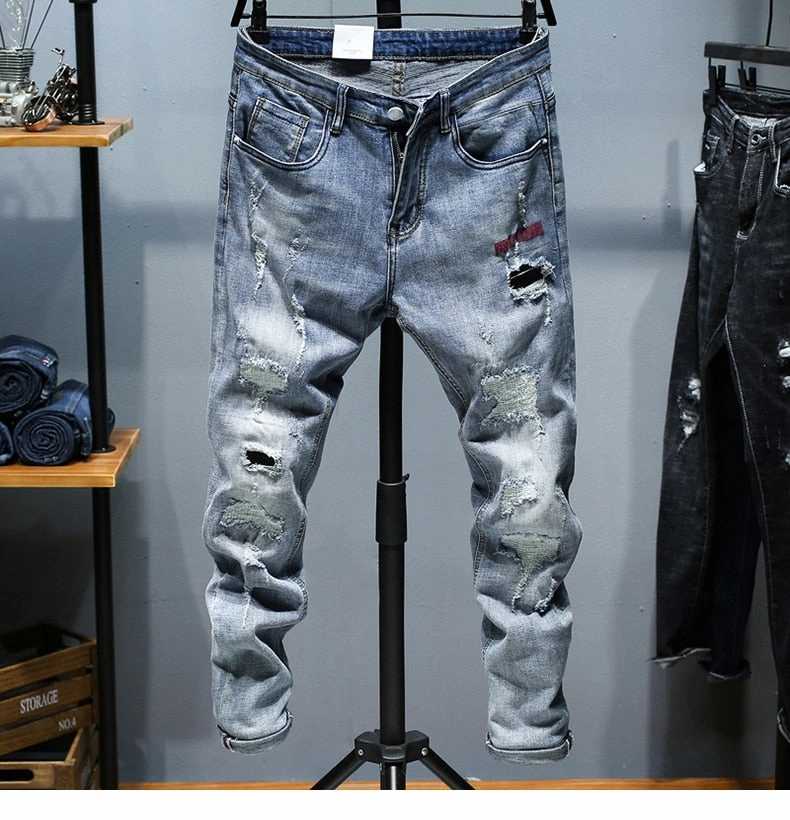 West Louis? Ripped Frayed Streetwear Patchwork Jeans comfortable length
