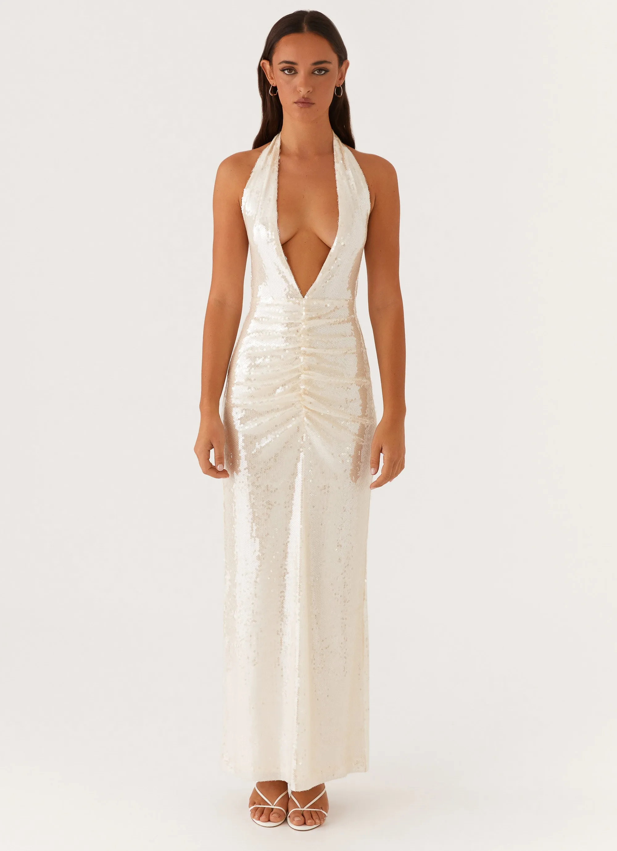 Light Aesthetic Comfortable and Soft Whisked Away Halterneck Maxi Dress - White