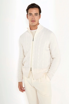 White cable knit cashmere blend full zip ?C Made in Italy Autumn Fashion Thermal Insulation