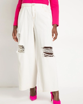 Flex Look Modern Straight Leg Wide Leg Distressed Jeans- White | White