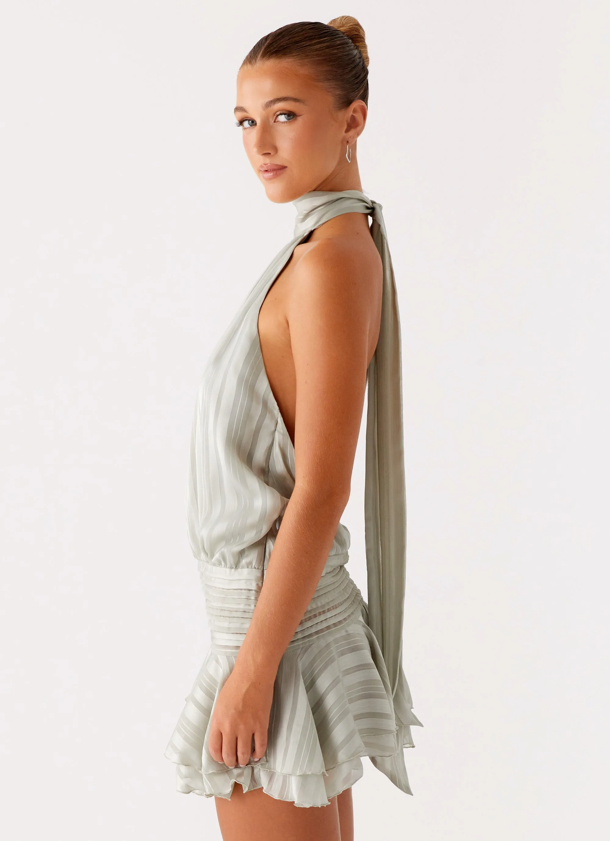 Front-Slit Urban Motion Willow Chiffon Mini Dress - Green