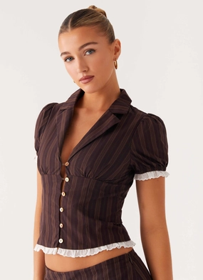 Bennett Button Up Top - Toffee Stripe Long Wearing