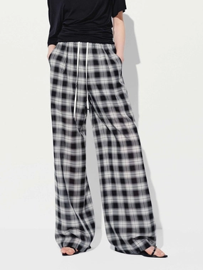 Checked Drawstring Trousers Rugged Wear Stretchable Fabric
