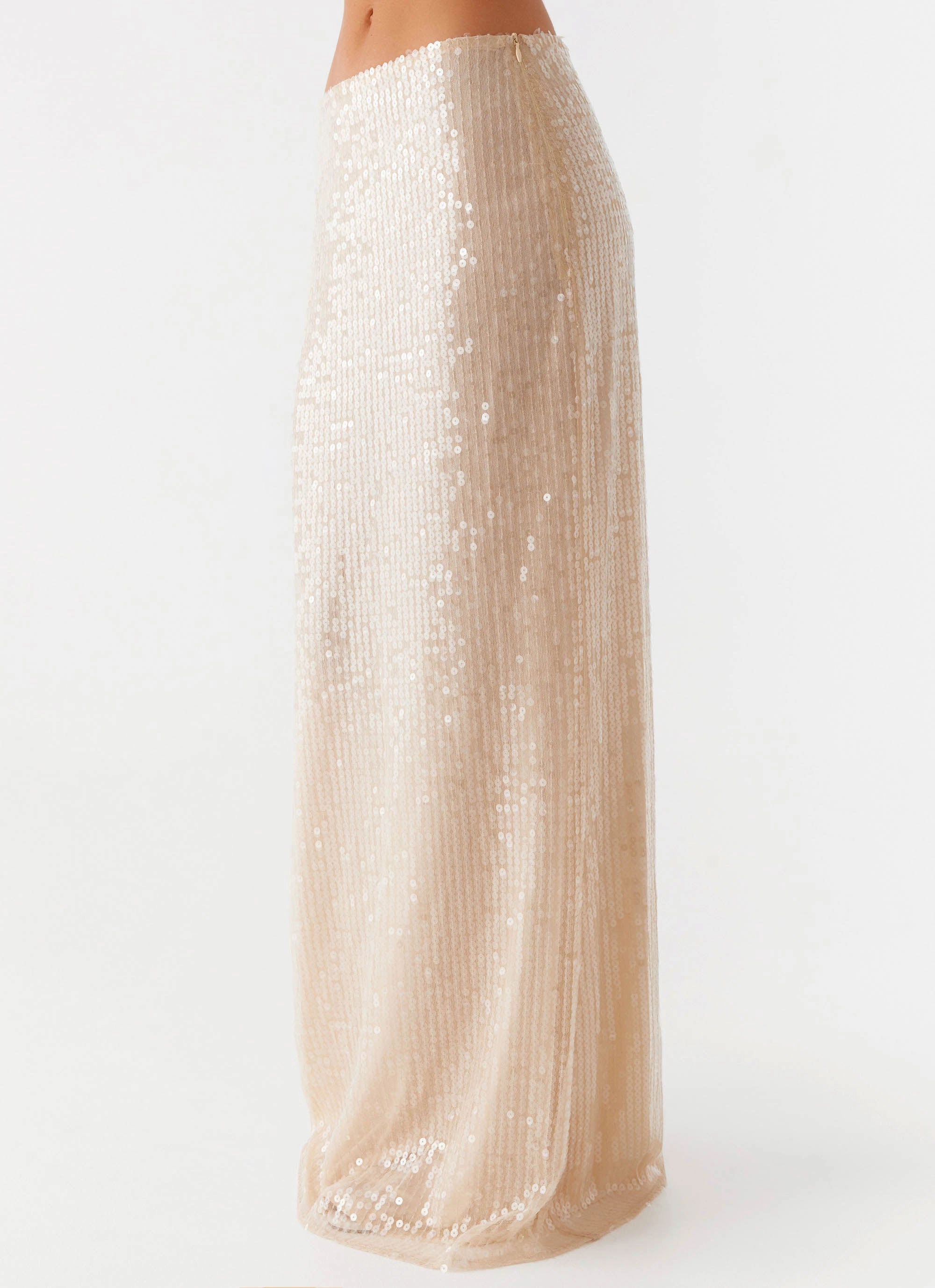 Crisp Details Ventilated Slits Wisteria Low Rise Sequin Maxi Skirt - Champagne