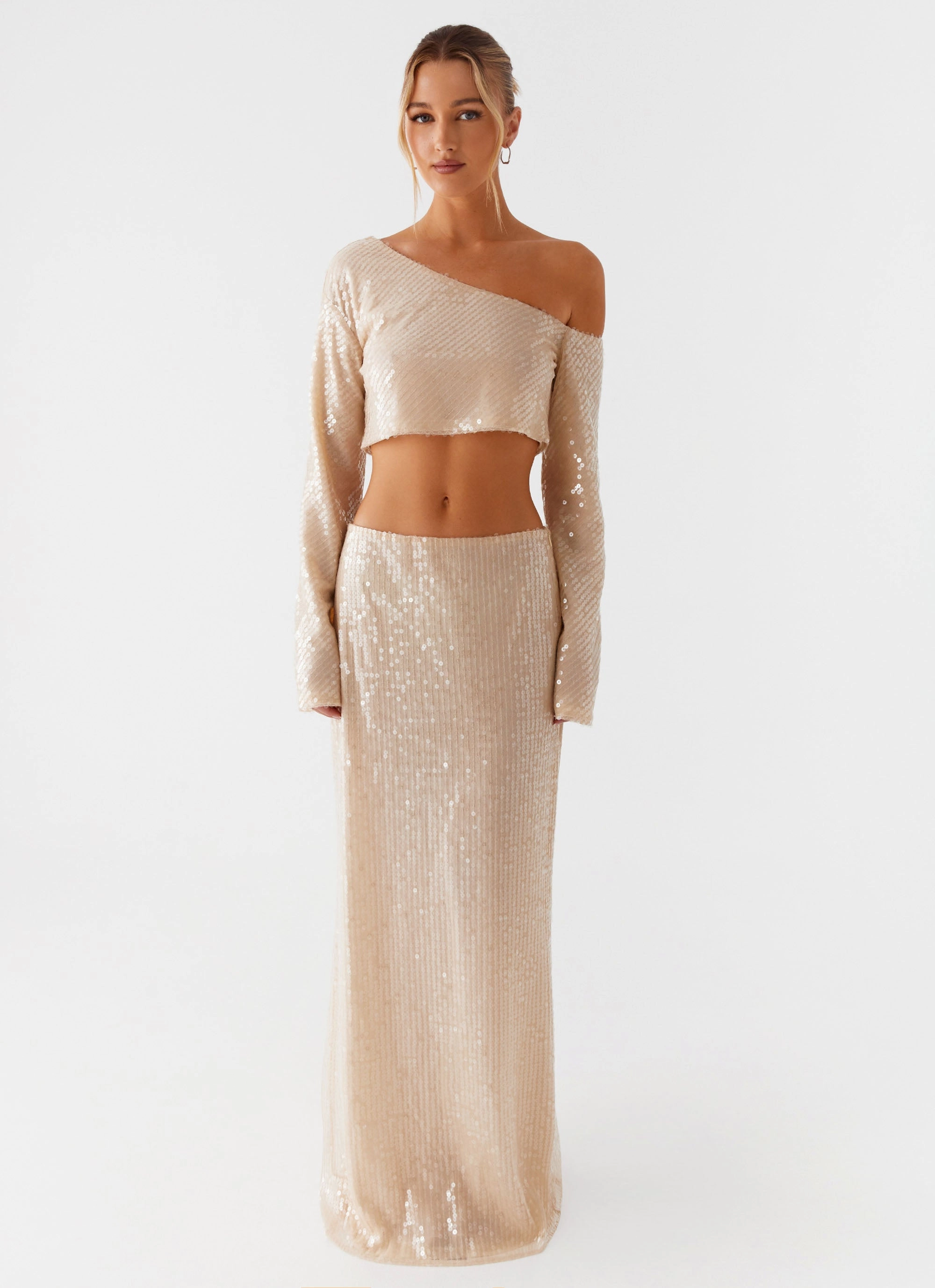 Wisteria Low Rise Sequin Maxi Skirt - Champagne Secure Closure