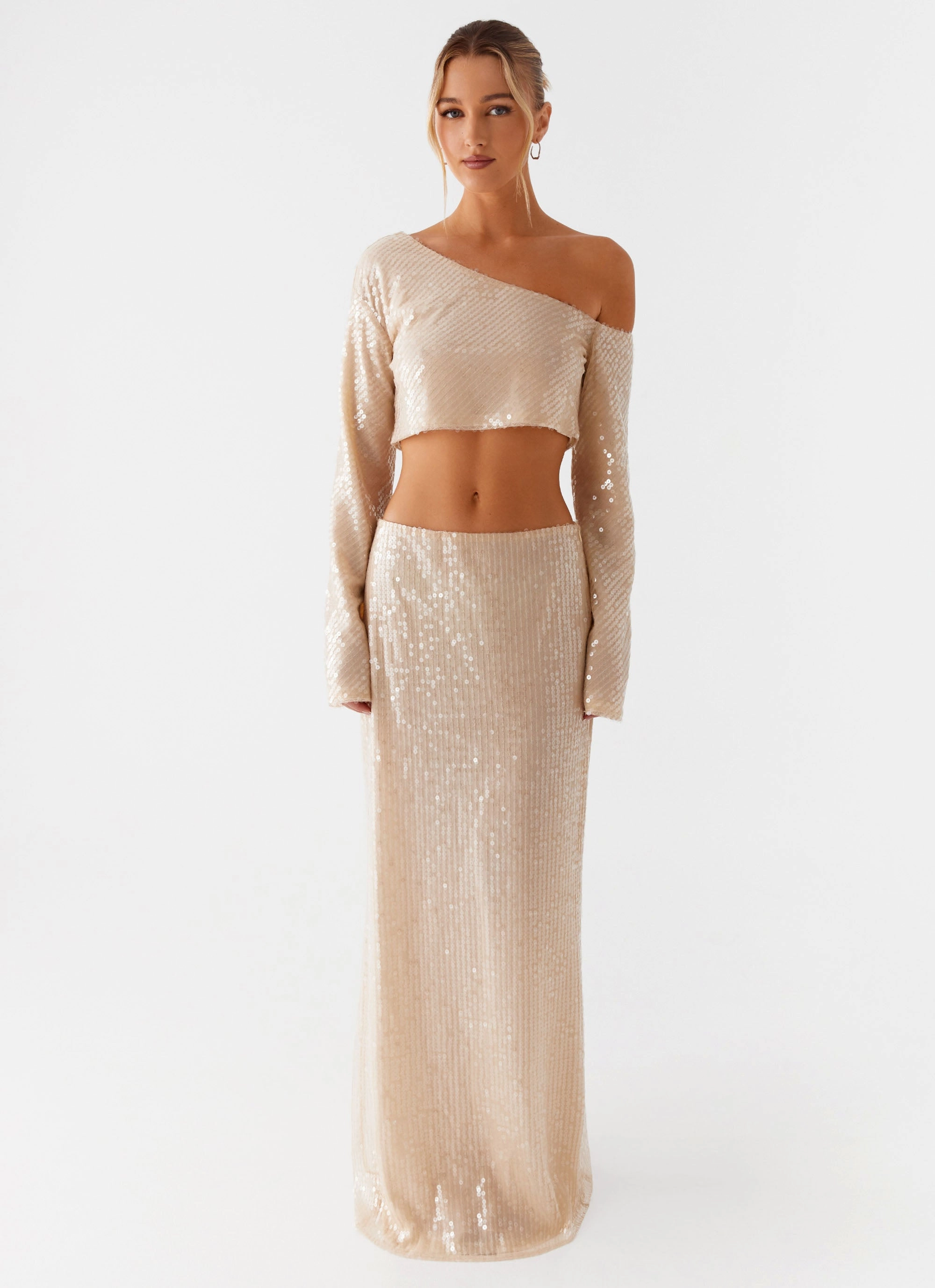 Wisteria Off Shoulder Long Sleeve Sequin Top - Champagne Outdoor Fit