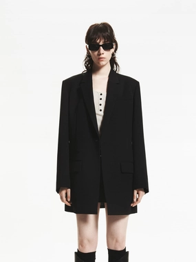 Flexible Elbow Patches Zip Pockets Wool Blend Long Blazer