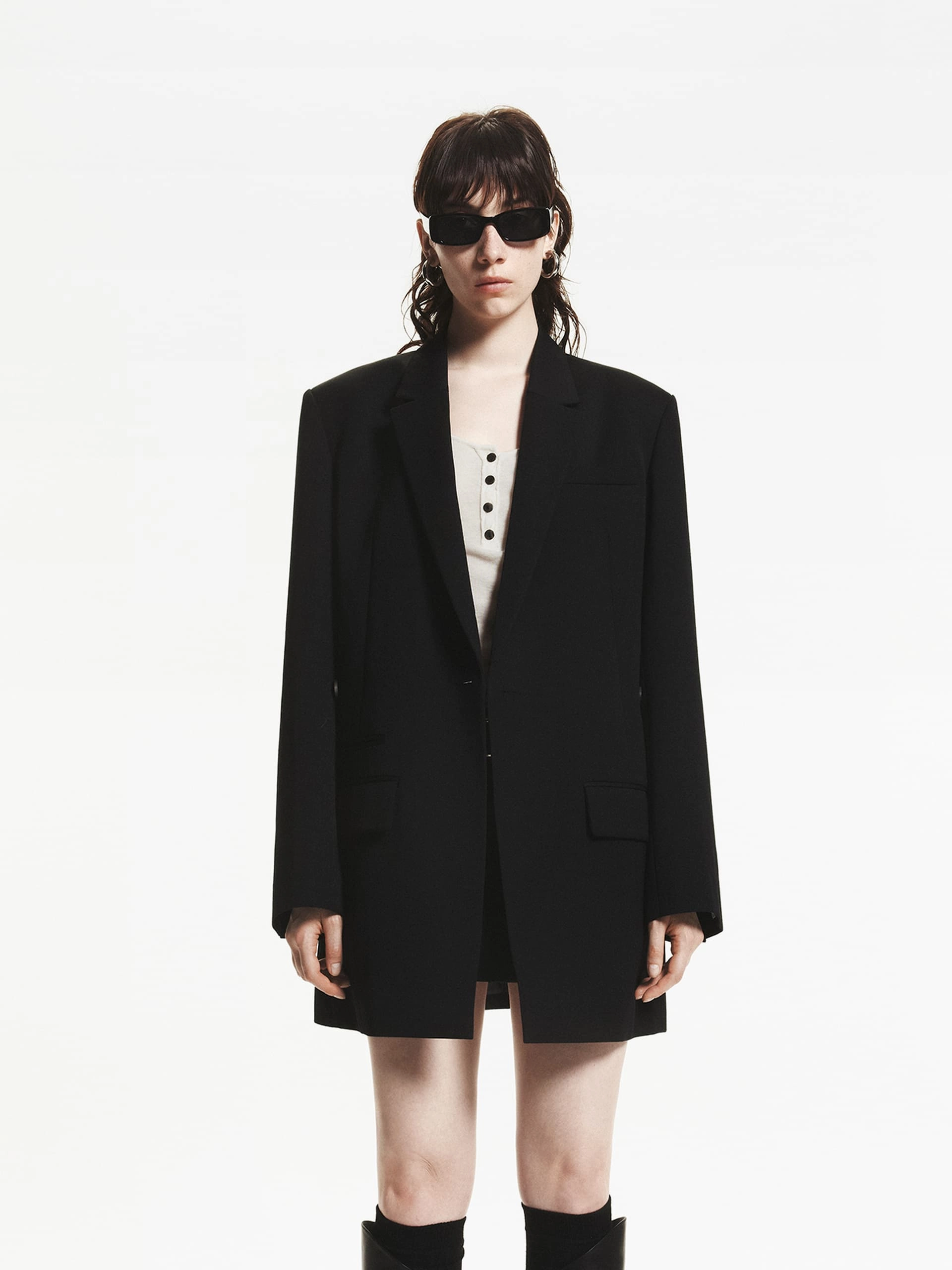 Flexible Elbow Patches Zip Pockets Wool Blend Long Blazer