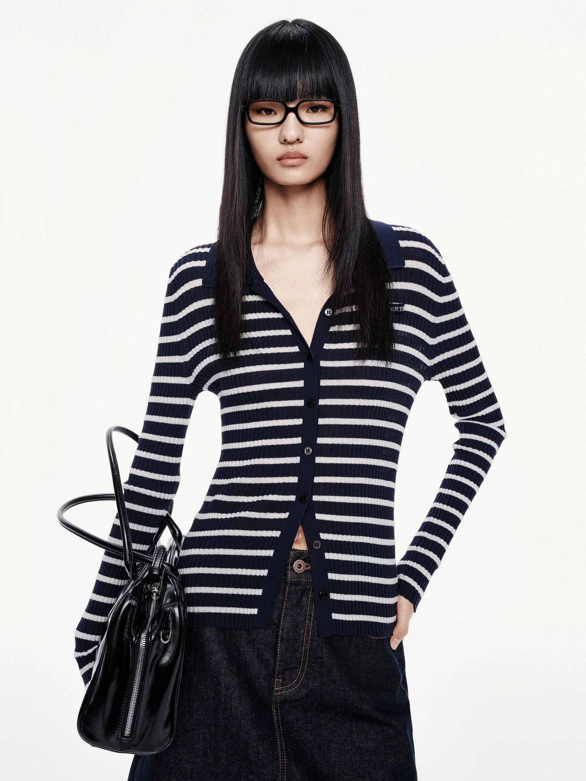 Circular Knit Technique Stretchable Waistband Wool Blend Striped Cardigan
