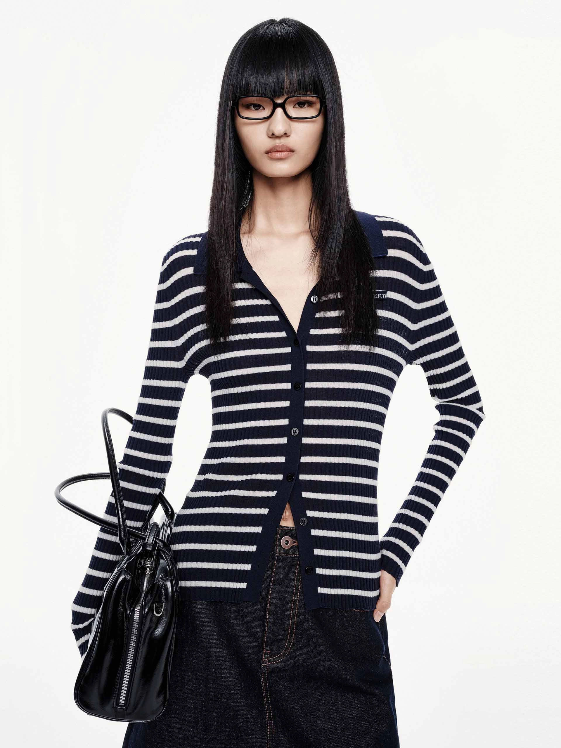 Hypoallergenic Fiber Blend Minimal Casual Style Wool Blend Striped Cardigan