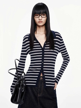 Hypoallergenic Fiber Blend Minimal Casual Style Wool Blend Striped Cardigan