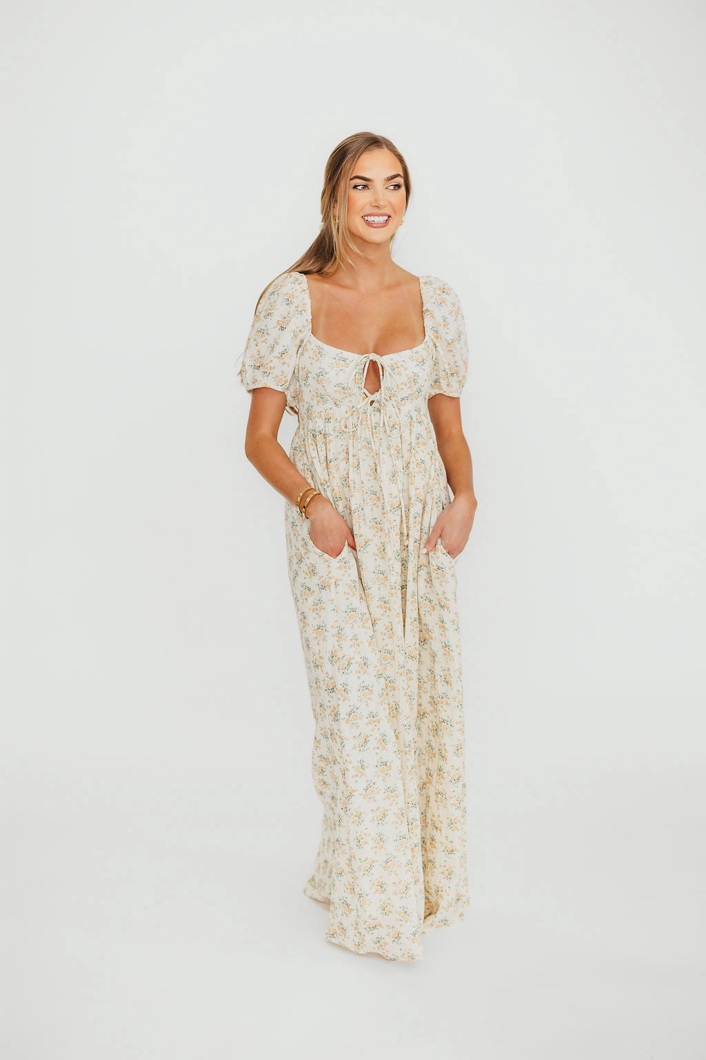 Practical work-to-play piece Panelled-Design Haven 100% Cotton Tie-Front Maxi Dress in Orange/Green Floral - Bump Friendly