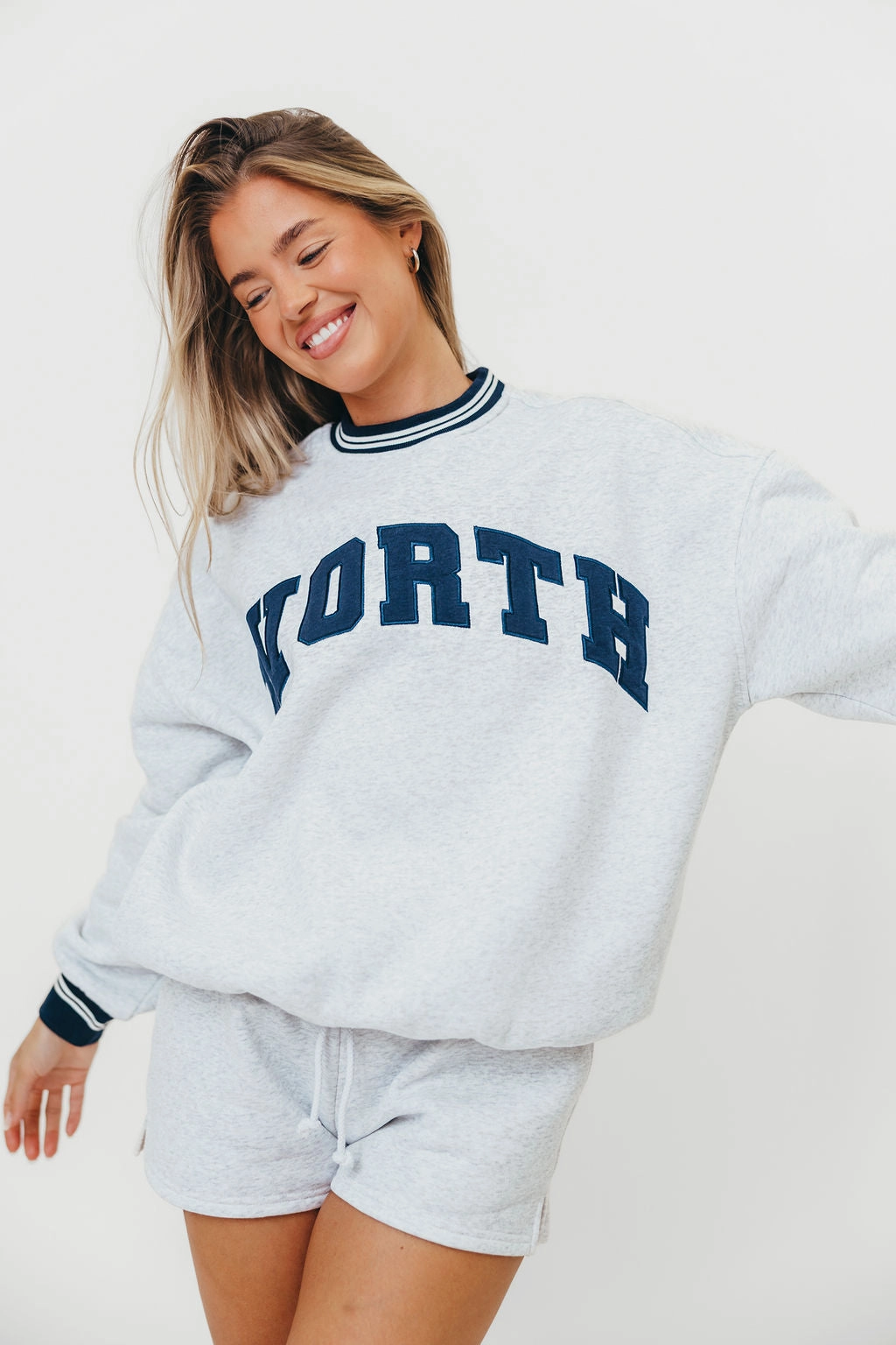 WORTH Preppy Embroider Crew Sweatshirt in Pearl Grey Performance Layer Wear Knit Perfection