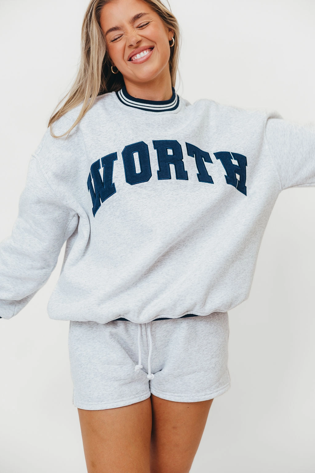 WORTH Preppy Embroider Crew Sweatshirt in Pearl Grey Trendy Appeal