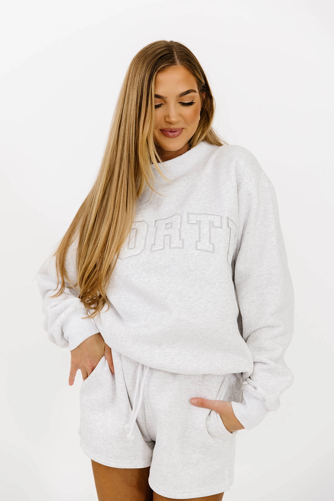 Layering Options Effortless Style WORTH Tone On Tone Embroidered Mockneck Sweatshirt in Pearl Grey