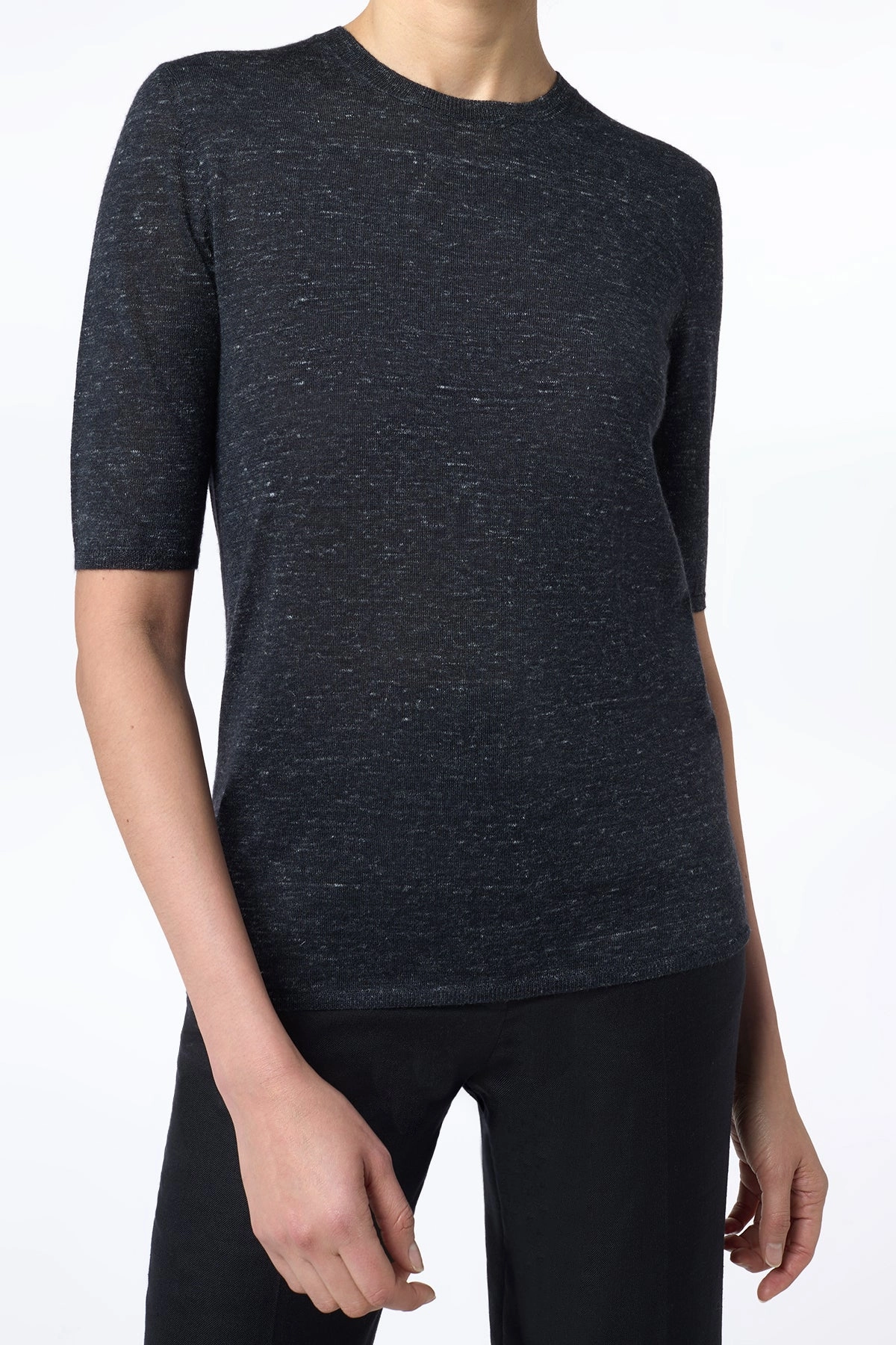 Cable Stitch Chryse Knit T-Shirt in Black Cashmere Silk with Hemp