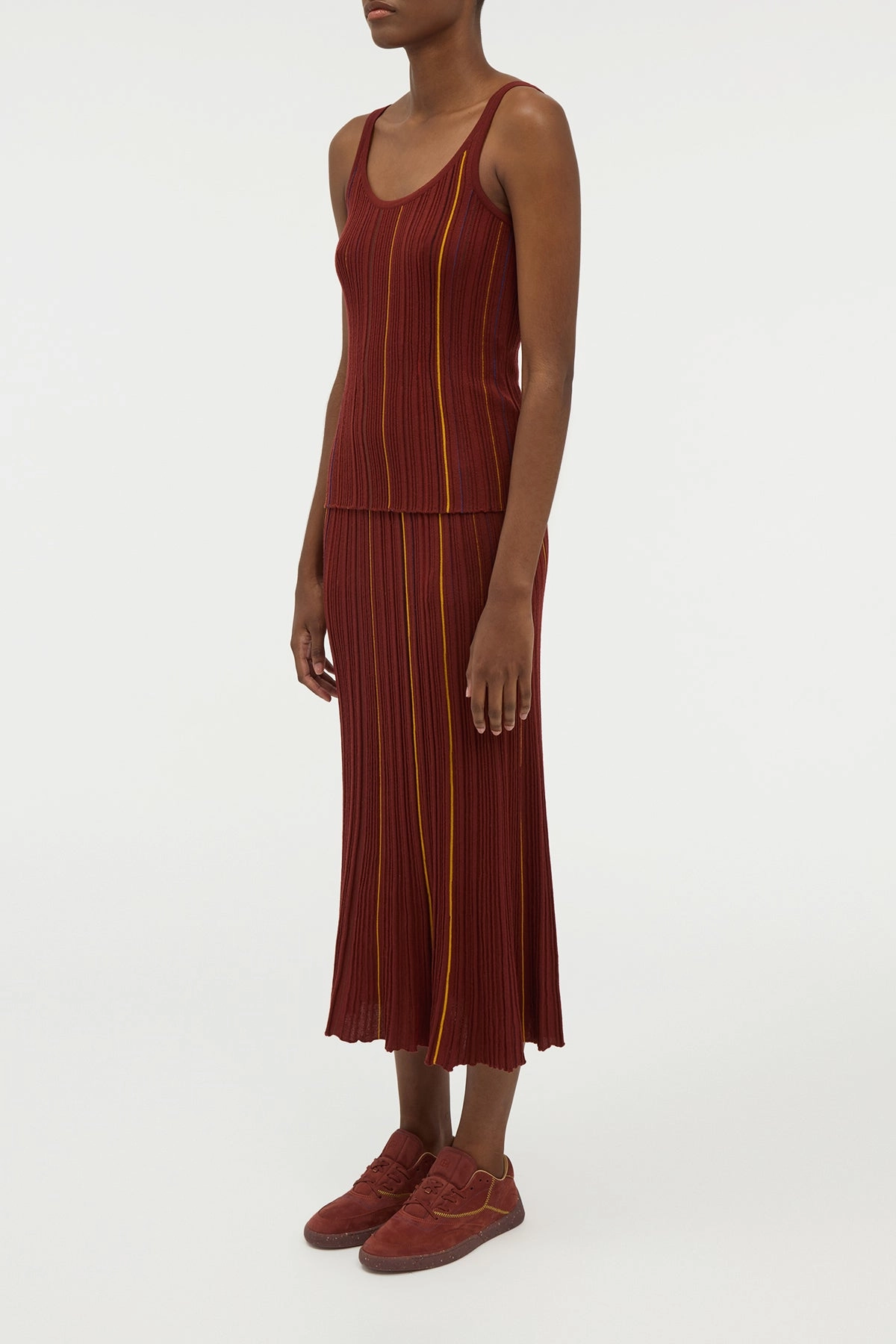 Yara Pinstripe Knit Tank Top in Burnt Sienna Merino Wool Home Warmth Weekend Outfit