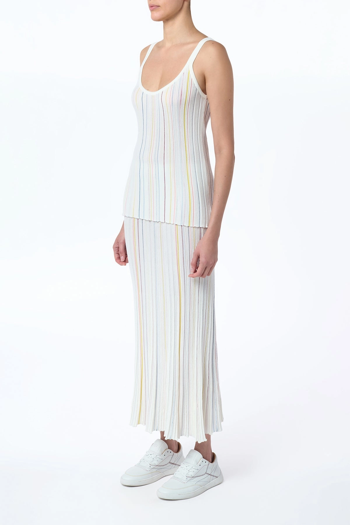 Low Maintenance Fibers Seasonal Comfort Yara Pinstripe Knit Tank Top in Ivory Multi Merino Wool