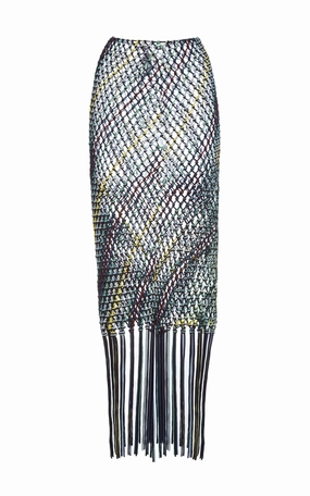 Fray Resistant Edges DropShoulder Design Zana Fringe Macrame Maxi Skirt in Black Multi Silk