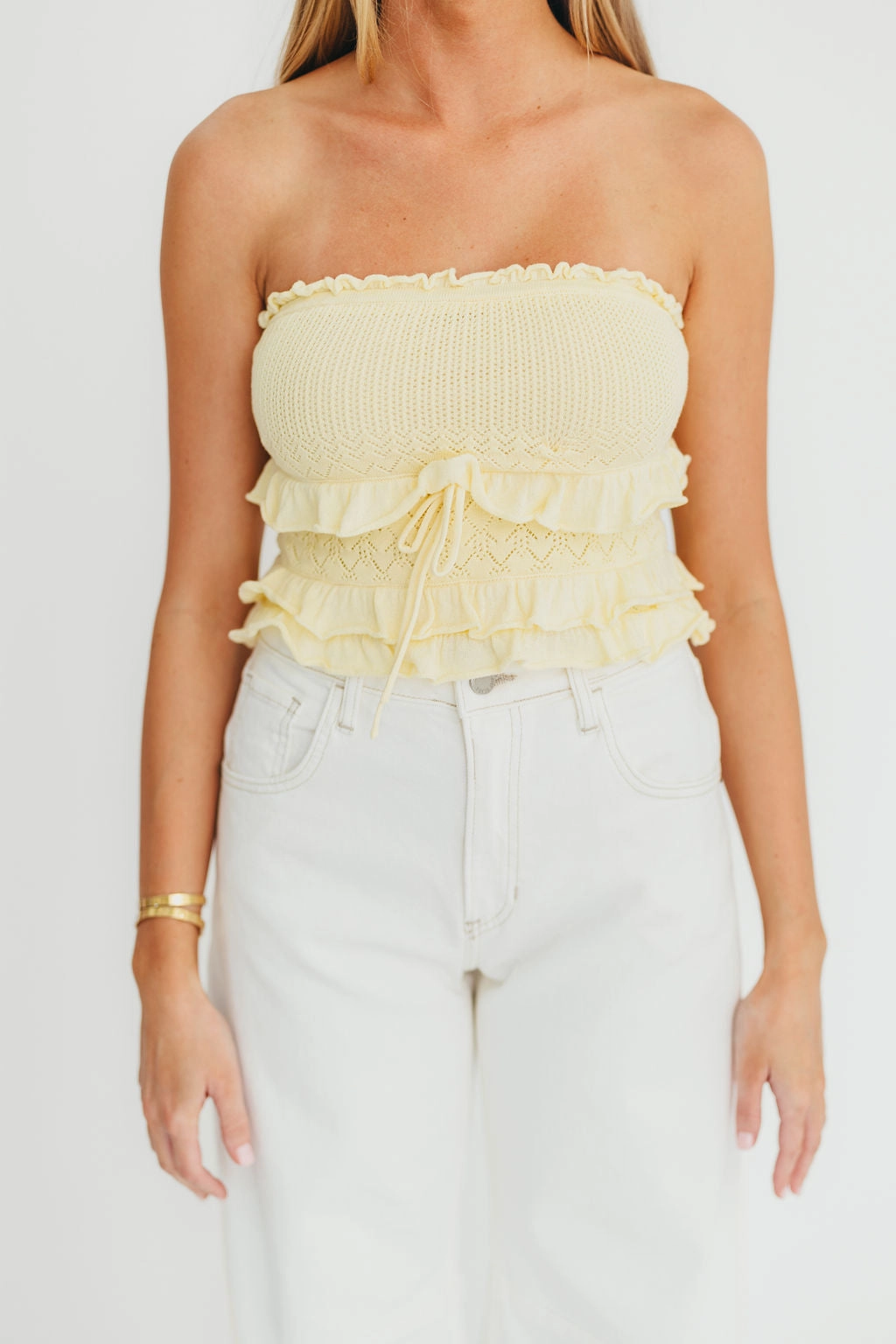 Zayne Cardigan and Strapless Tube Top and Sweater Set in Yellow Soft and Elegant